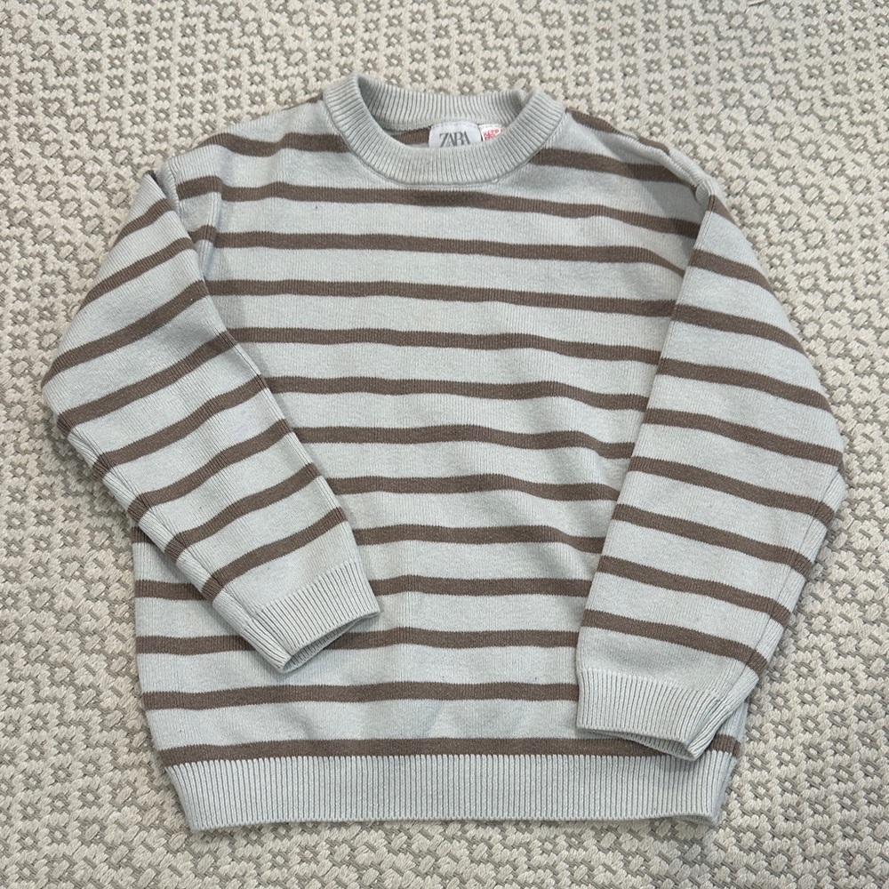 Zara Men Striped Pale Blue and Brown Crewneck Sweater